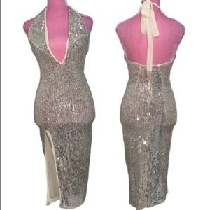 Halter Sexy Night out Prom style Dress Small Stretchy Nude